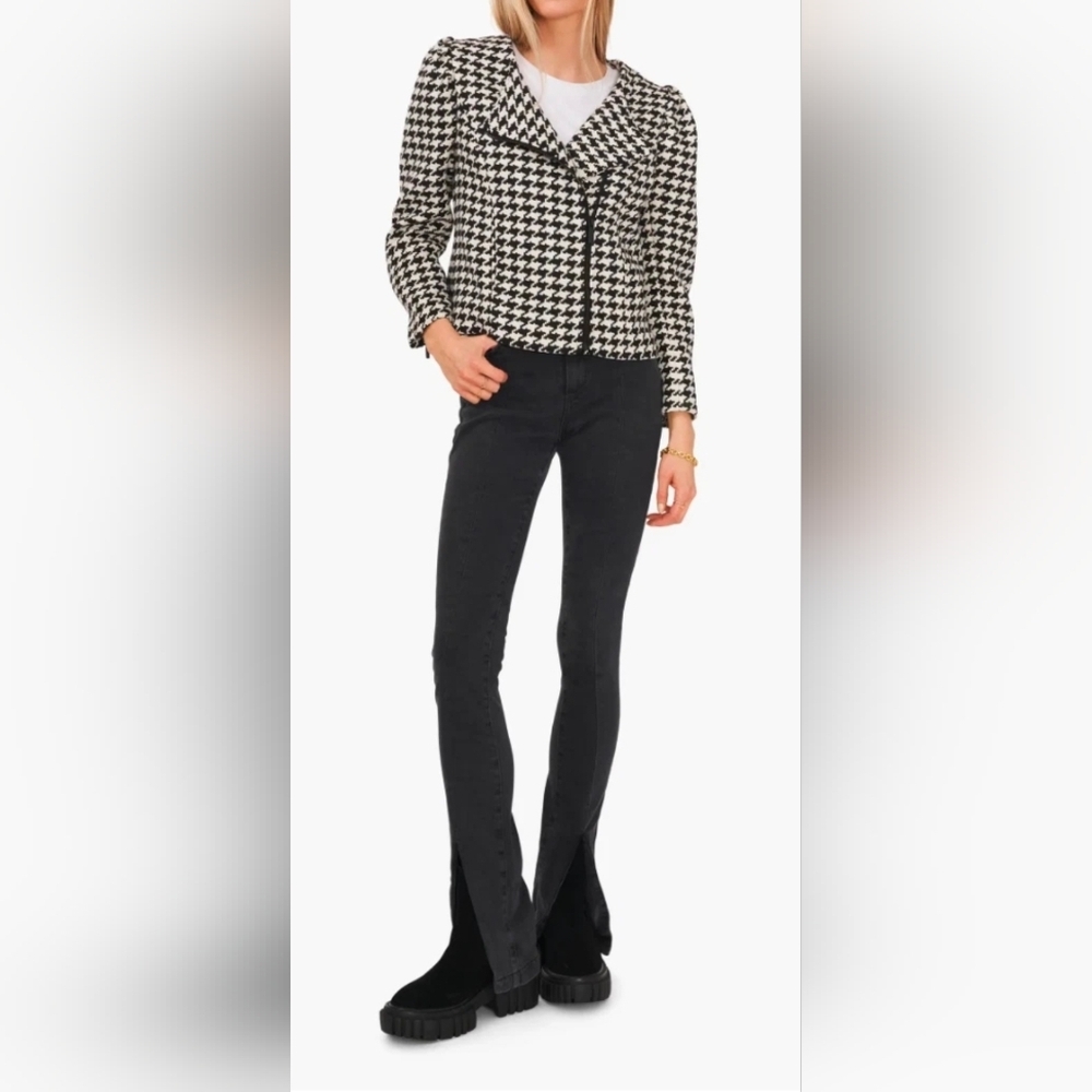 Vince Camuto NWT White/Black Houndstooth Puff Shoulder Moto Jacket Size 2X - Picture 1 of 14